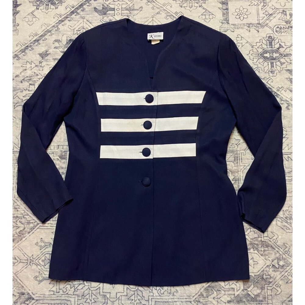 Vintage K Studio Navy Blazer Womens Size 12 White Stripes Button‎ Long Sleeves